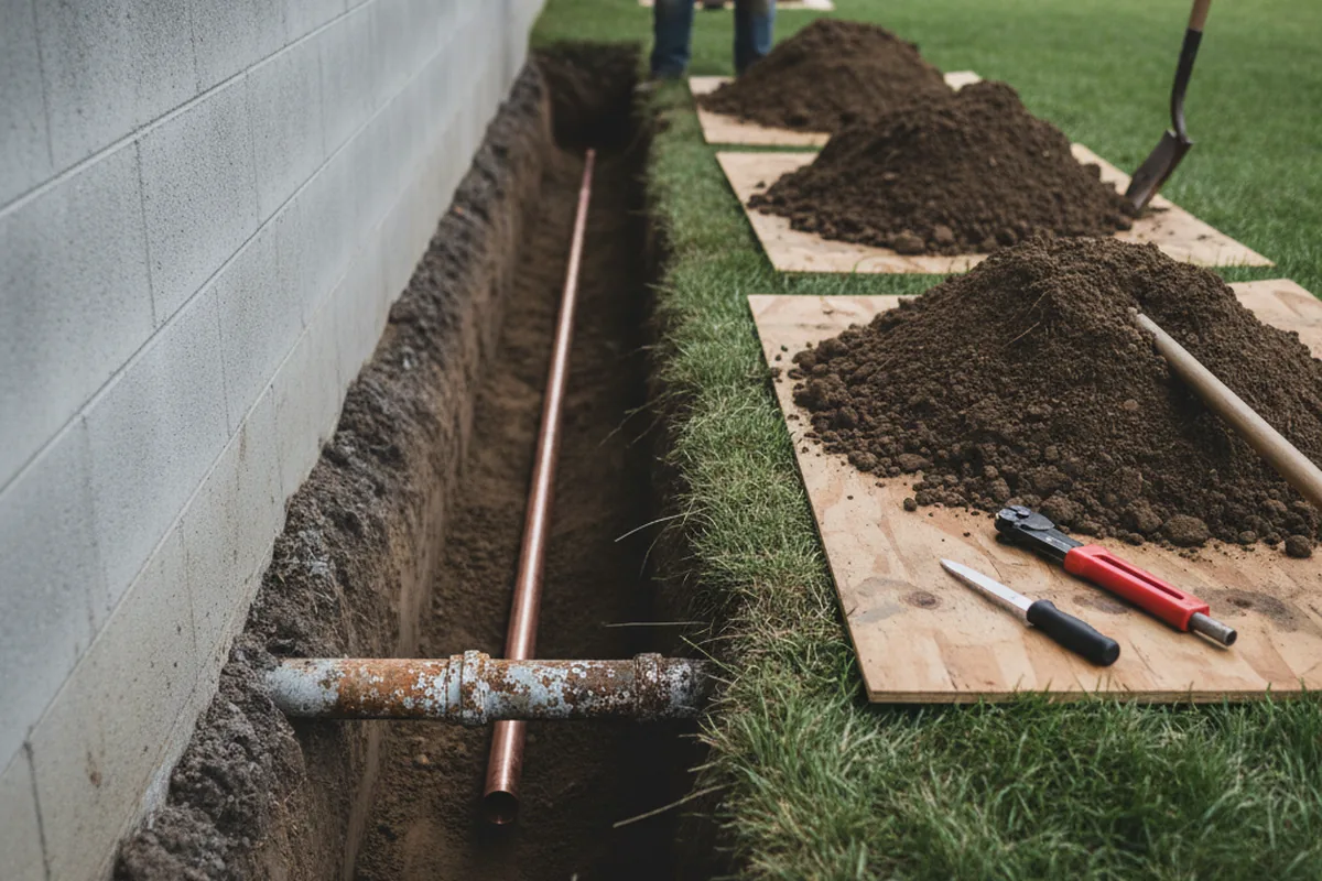 Excavated water line trench during Sewer Line Repair in Stanton